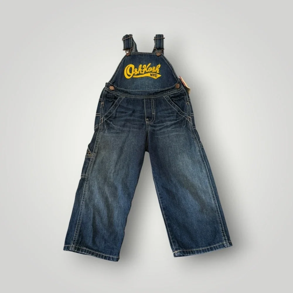 OshKosh Denim Overalls Toddler 2T Blue Embroidered Yellow Logo Classic Playwear